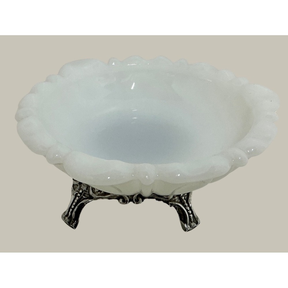 Vintage Milk Glass Scalloped Bowl Silver Tone Pedestal Base Trinket Dish 5 inch